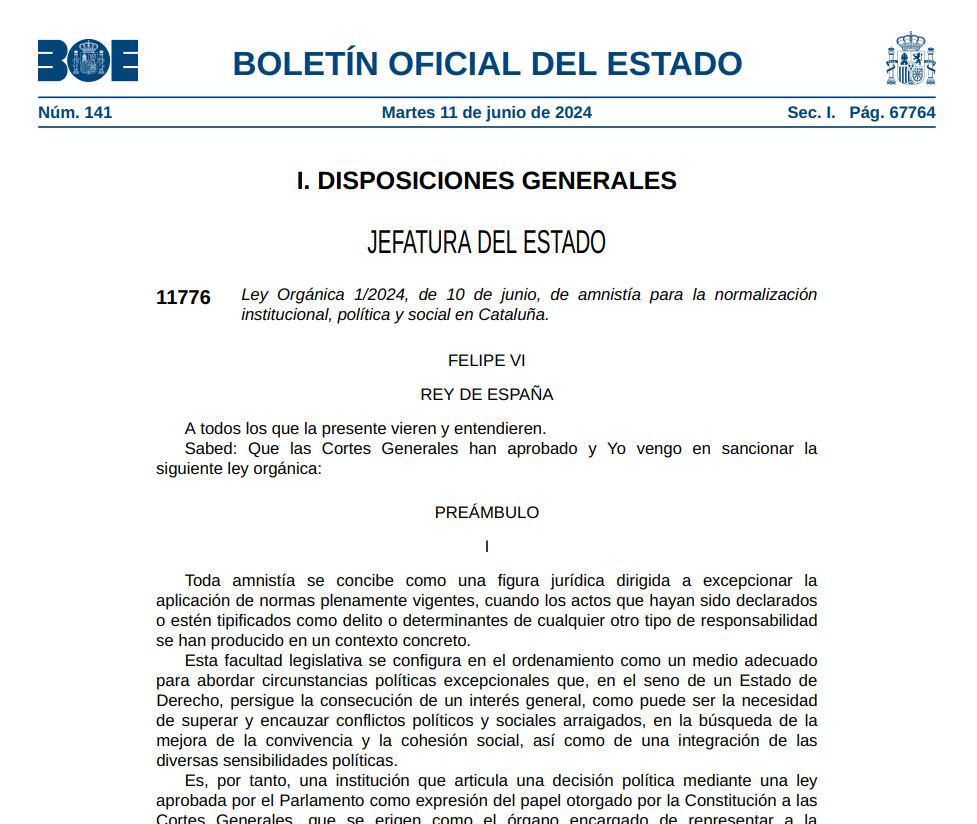 Pàgina del BOE amb la llei d'amnistia, aquest dimarts Data de publicació: dimarts 11 de juny del 2024, 07:38 Localització: Madrid Autor: Redacció